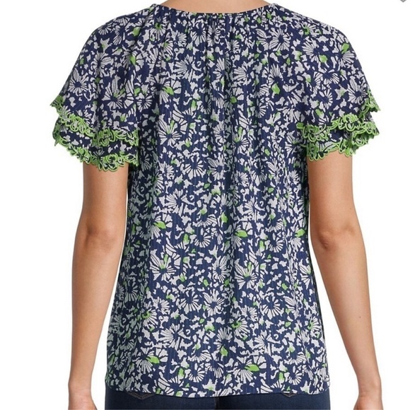 Tanya Taylor Silk Blue Floral Tiered Short Sleeve Pullover Top Small - Picture 16 of 16